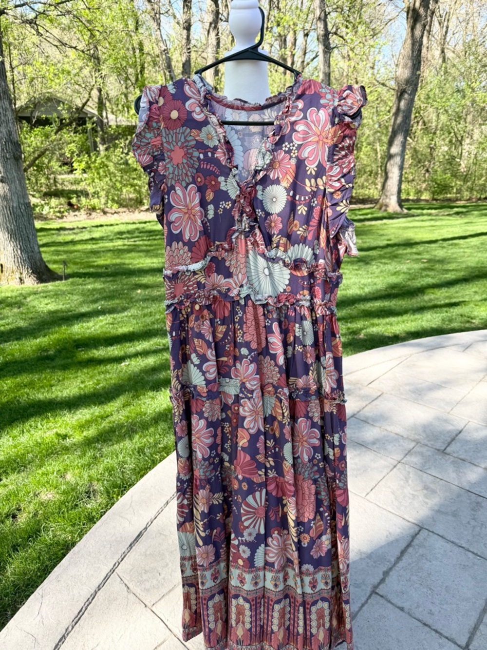 Boho Plum Floral Ruffle Maxi Dress